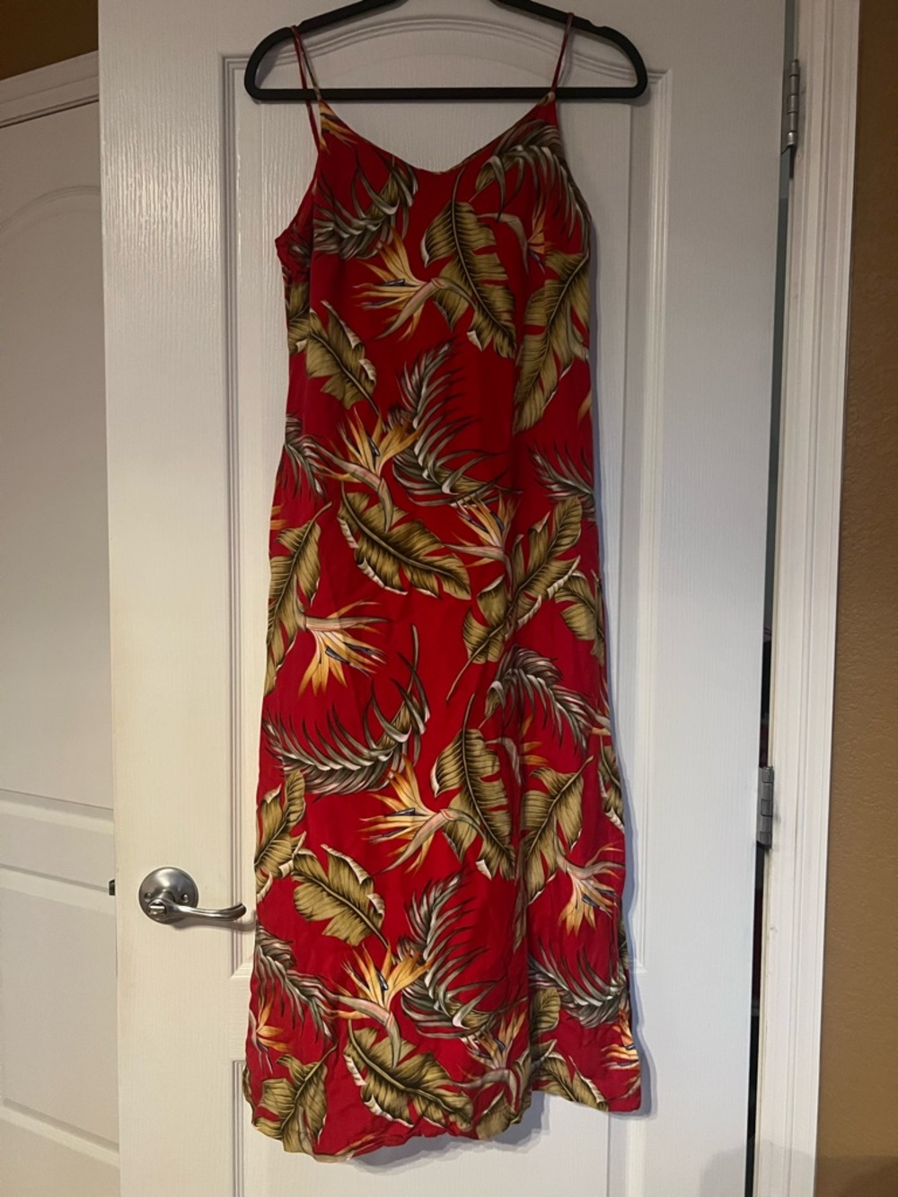 Caribbean Joe Red Tropical Maxi Slip Dress with Leaf Print